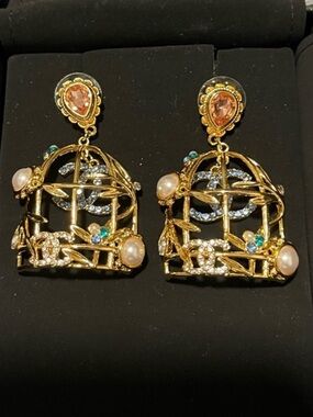🕊️ChaneI Limited Edition Birdcage Blue Rhinestone Logo Gold Tone Earrings